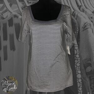 Susina Grey Folkstone Pinstripe Square Neck Short Sleeve Striped T-Shirt - XS